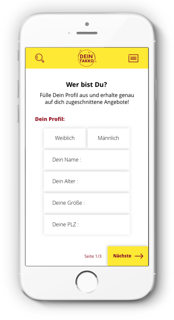 Mobile Anmeldung: Profilformular mit Geschlecht, Name, Alter, Größe und PLZ