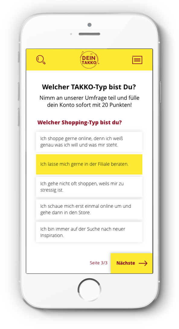 TAKKO Shopping‑Typ Quiz auf Smartphone – Frage 3, ausgewählt: Beratung in der Filiale