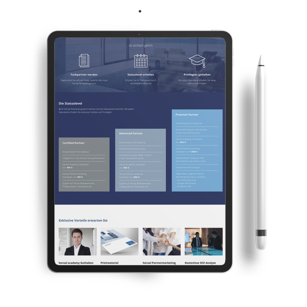 Tablet mit Stift – professionelles Business-Interface mit Feature‑Panels, Karten und Vorschaubildern