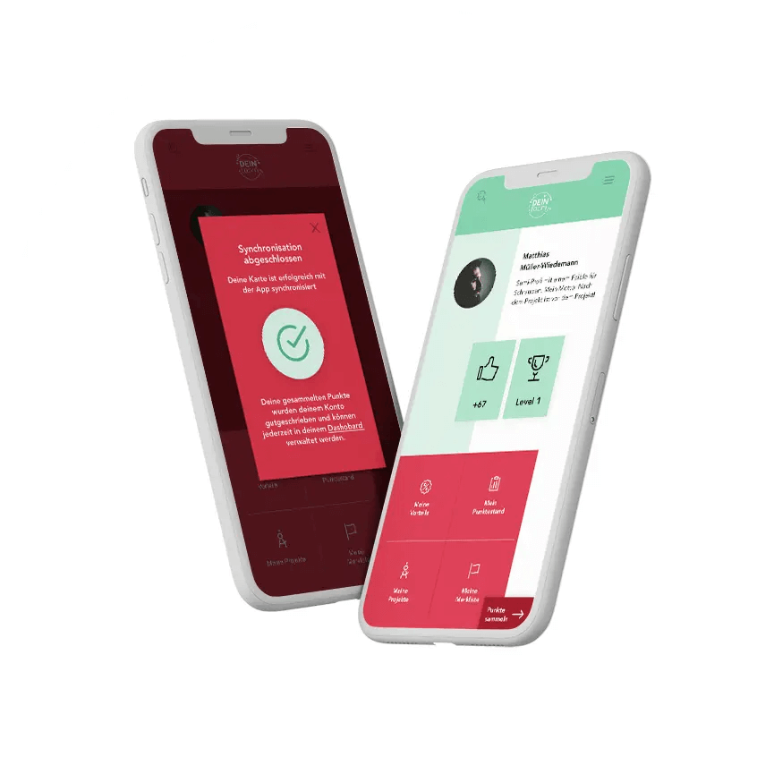 Loyalty‑Programme App‑Mockup: zwei Smartphones mit Profil, Fortschritt und Belohnungs‑Icons