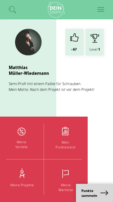 Toom Profil-Dashboard: Profil, Punkte, Projekte und Vorteile