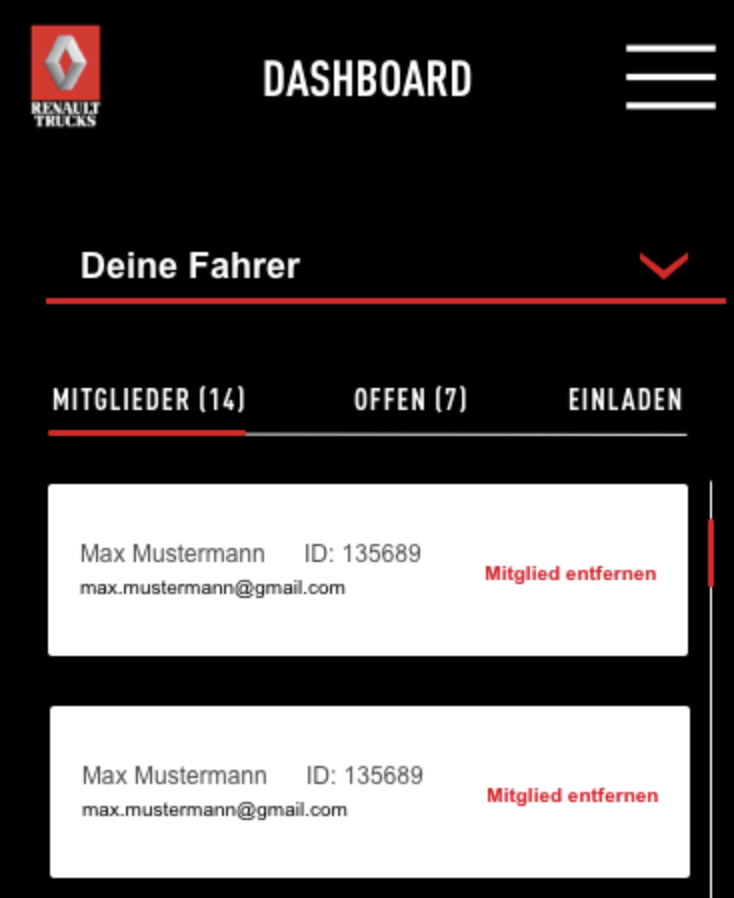 Vorteilsprogramm für Lkw-Fahrer: App-Dashboard Mitgliederliste mit Fahrername und Entfernen-Button