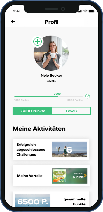Mobile Profilseite: Punkte, Level, abgeschlossene Challenges und verfügbare Vorteile