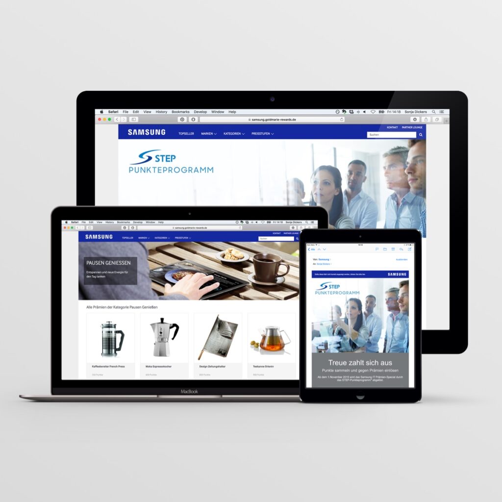Responsives Website‑Mockup für Desktop, Laptop und Tablet mit klaren Produktkarten