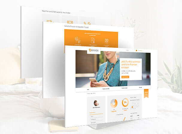 Mehrere gestapelte Landingpage-Mockups mit CTA-Button, Nutzer-Avataren und Statistik-Icons