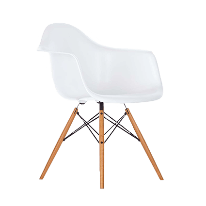 Moderner weißer Designer-Schalenstuhl mit Holzbeinen und verchromtem Gittergestell