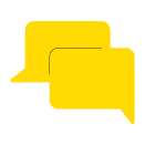 Gelbes Chat-Icon mit zwei überlappenden Sprechblasen auf schwarzem Hintergrund, für Nachrichten und Support